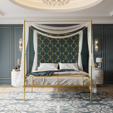King Size Metal Canopy Bed Frame with Headboard, Gold