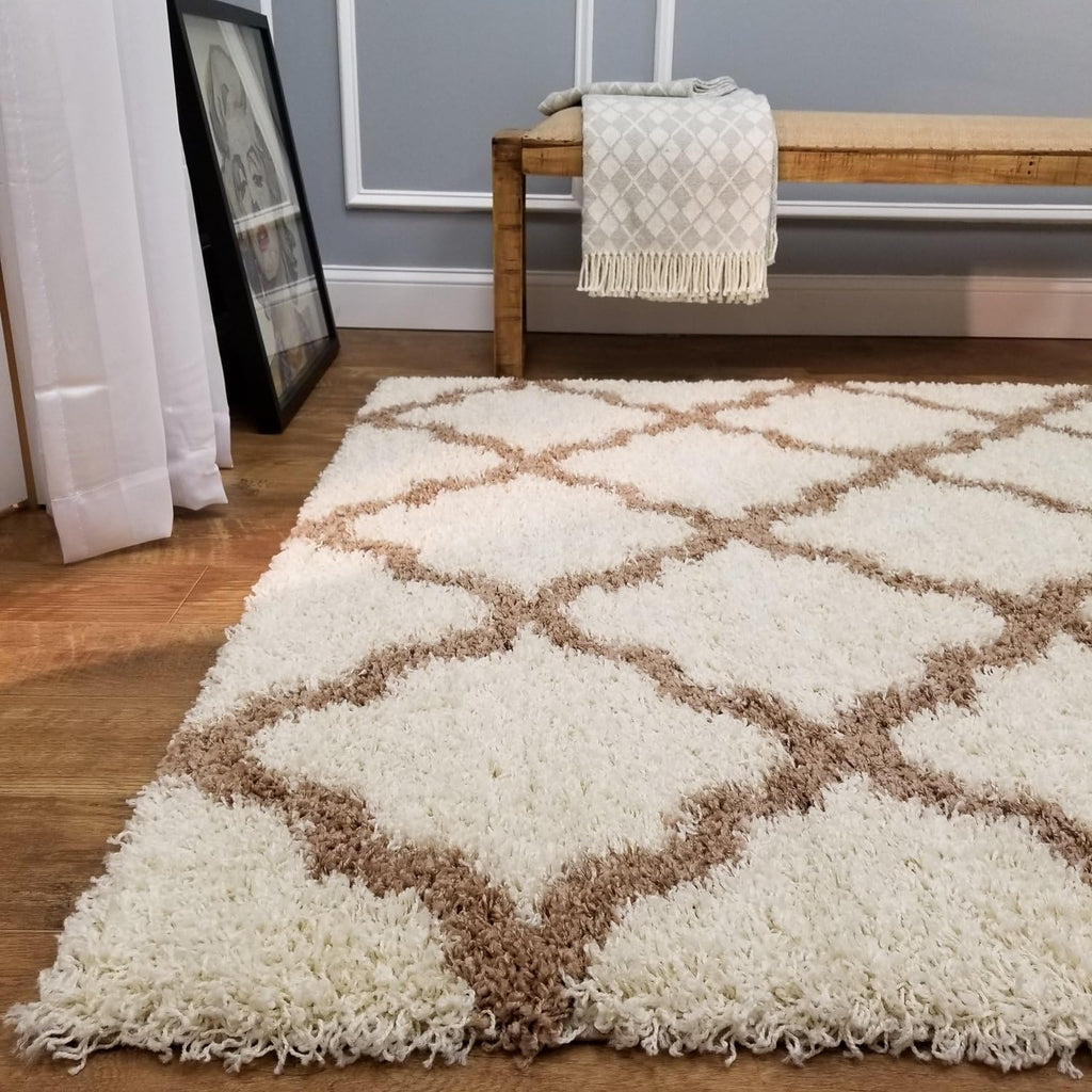 Shag Area Rug, New Moroccan Trellis Ivory, Everyday Use, (60 inch x 84 inch)