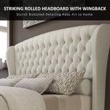 Queen Platform Bed Frame, Chenille Upholstered Sleigh Bed with Scroll Wingback Headboard & Footboard/Button Tufted/No