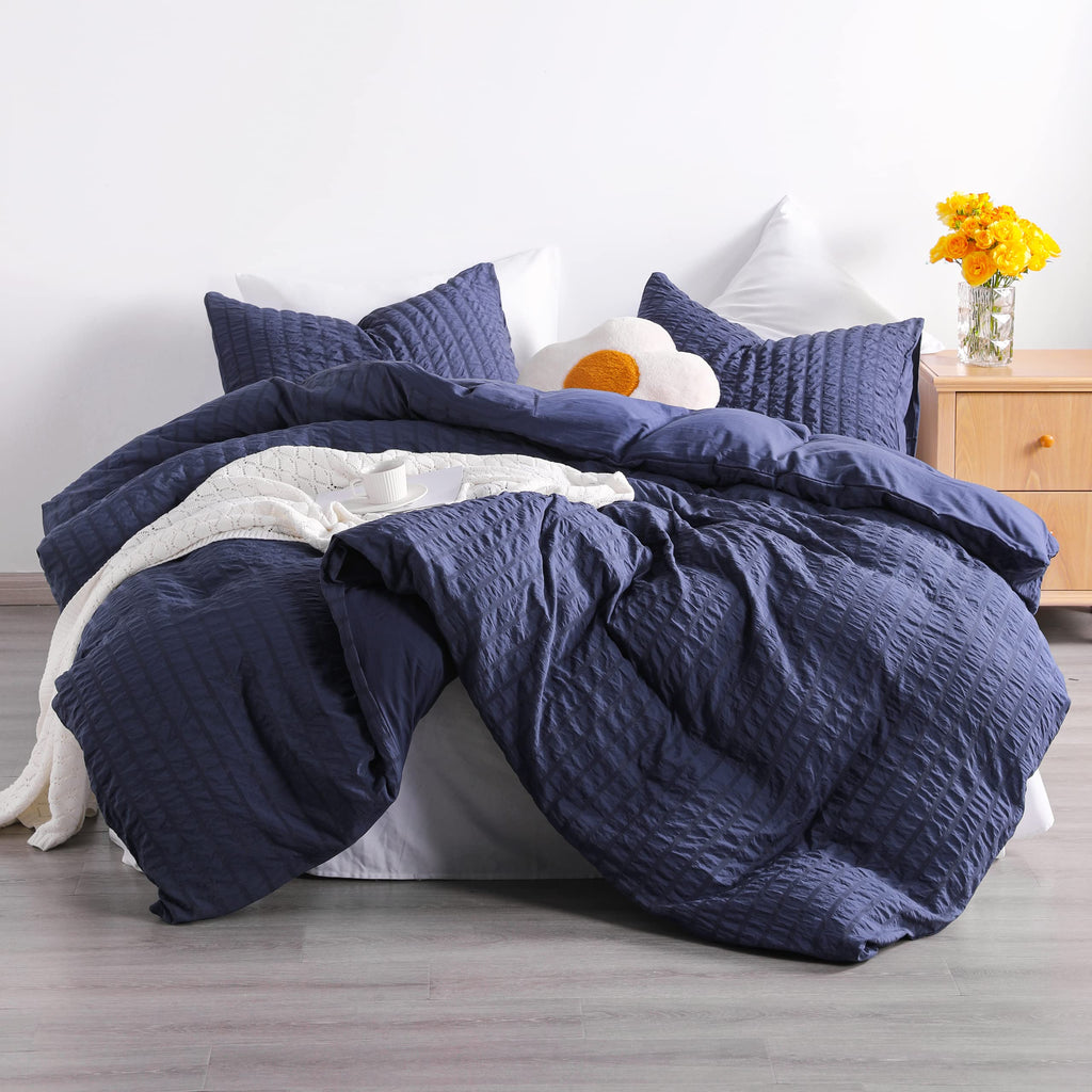 Duvet Cover Set - 2 Piece Seersucker Textured Stripe Washed Microfiber Bedding with Zipper Closure, Soft