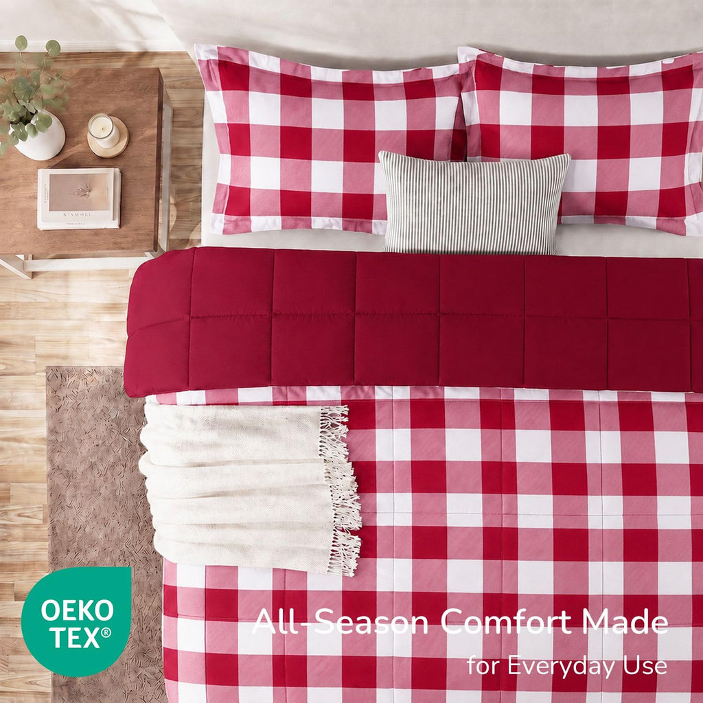Lightweight Plaid Comforter Set with 2 Pillow Shams - 3-Piece Set - Red/White Plaid - Down Alternative