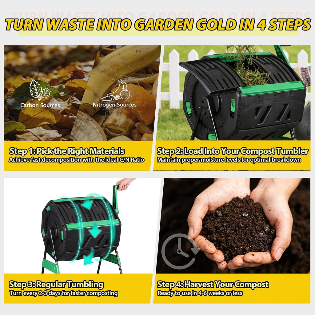 53-Gallon Dual Chamber Compost Tumbler, Outdoor Compost Bin with 360° Hand Crank & Adjustable Aeration, Includes