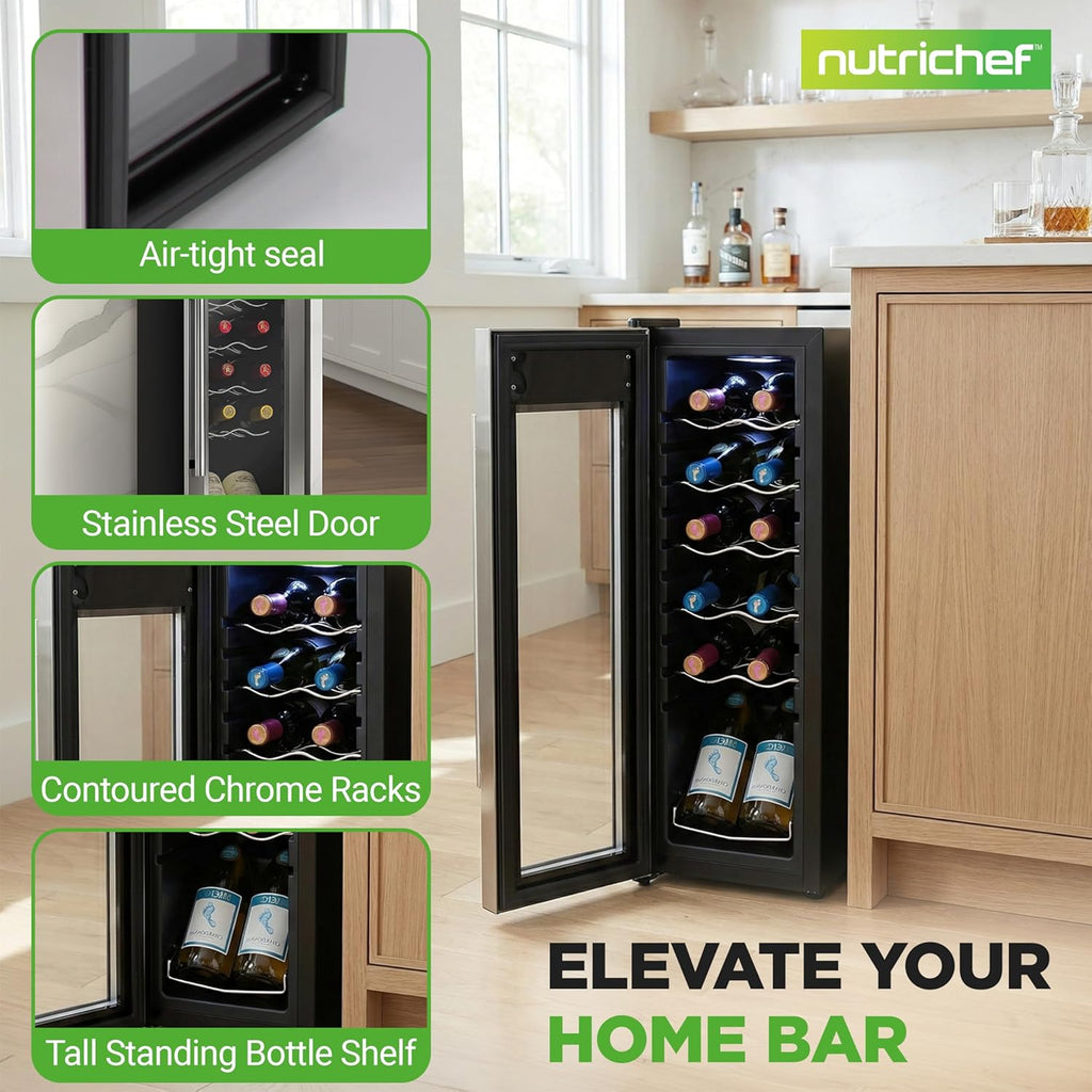 12 Bottle Stainless Steel Slim Wine Fridge | Red & White Wine Chiller | Adjustab