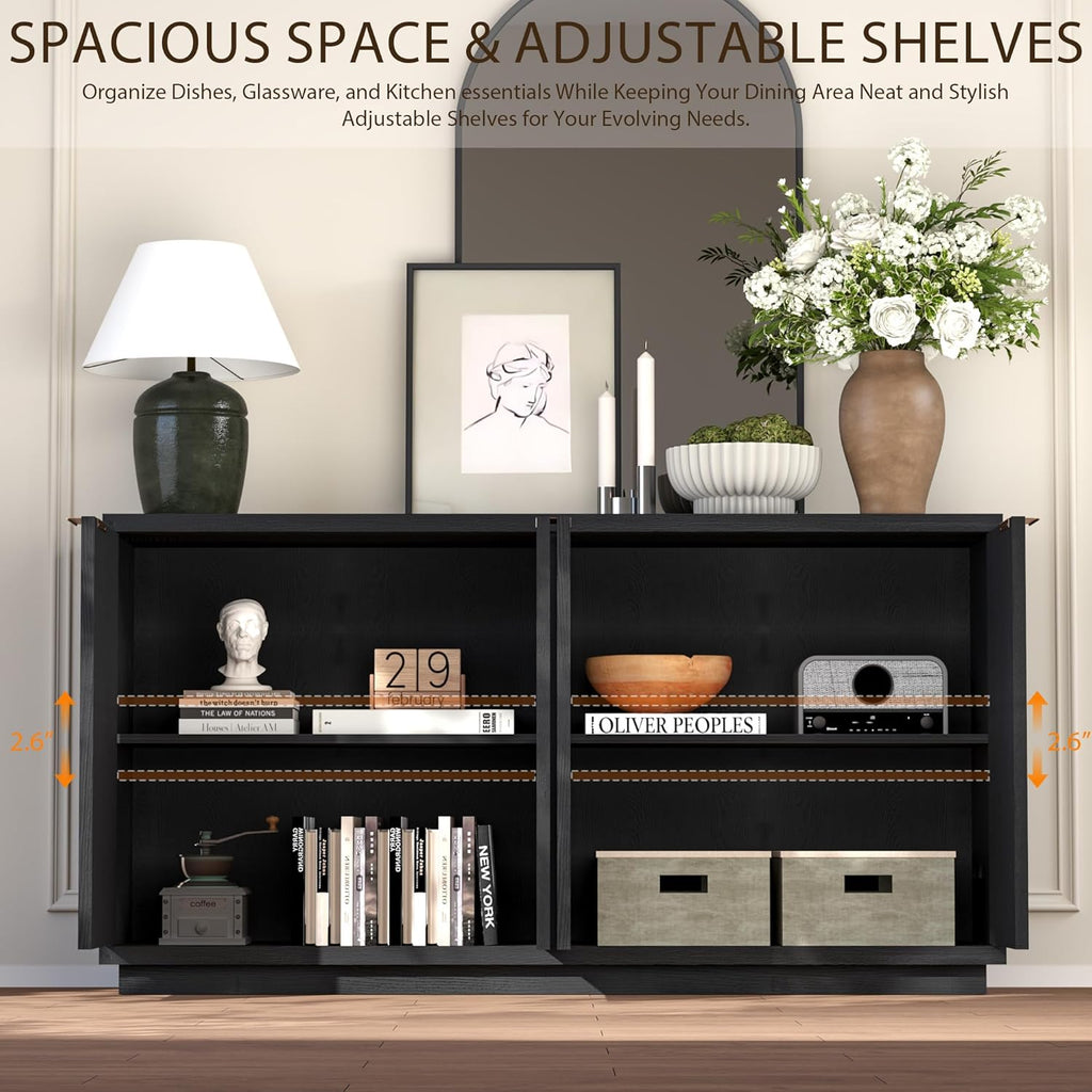 59" Black Sideboard Buffet Cabinet with Storage, Modern Credenza | 3D Geometric Pattern Doors, Adjustable Shelves