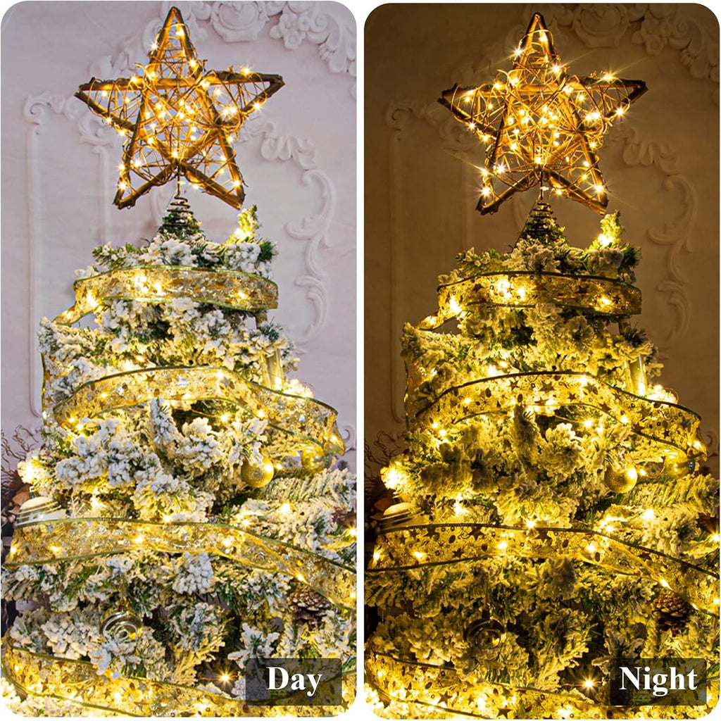 Rattan Natural Star Christmas Tree Topper - Rustic Farmhouse Xmas Treetop with 50 Warm LED Lights Christmas Tree