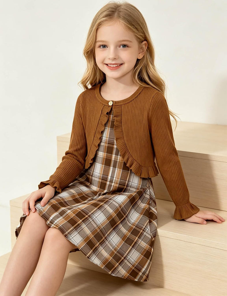 Girl Sleeveless Dresses with Long Sleeve Ruffle Cardigan