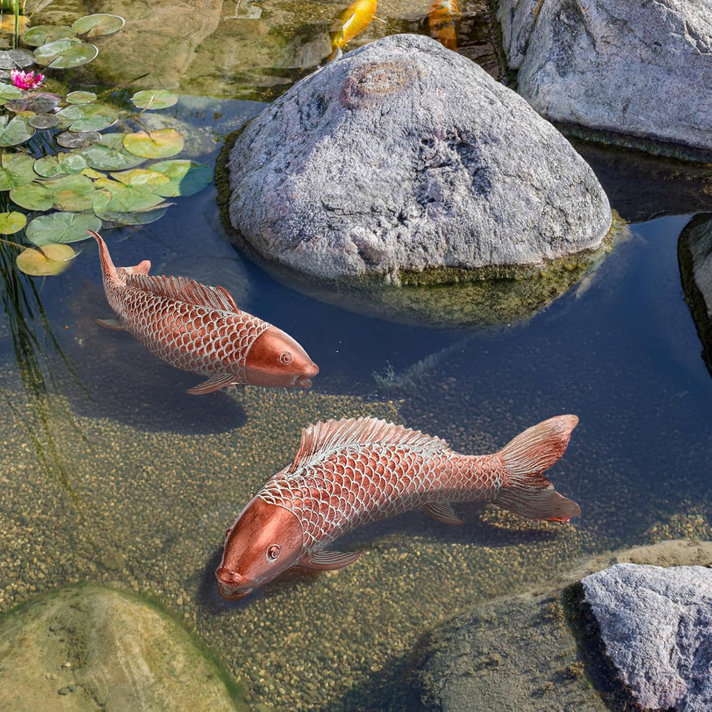 Garden Statues Koi Fish Decor Outdoor Garden Fish Statues, Set of 2 Antique Copper Koi Art Sculptures , Backyard