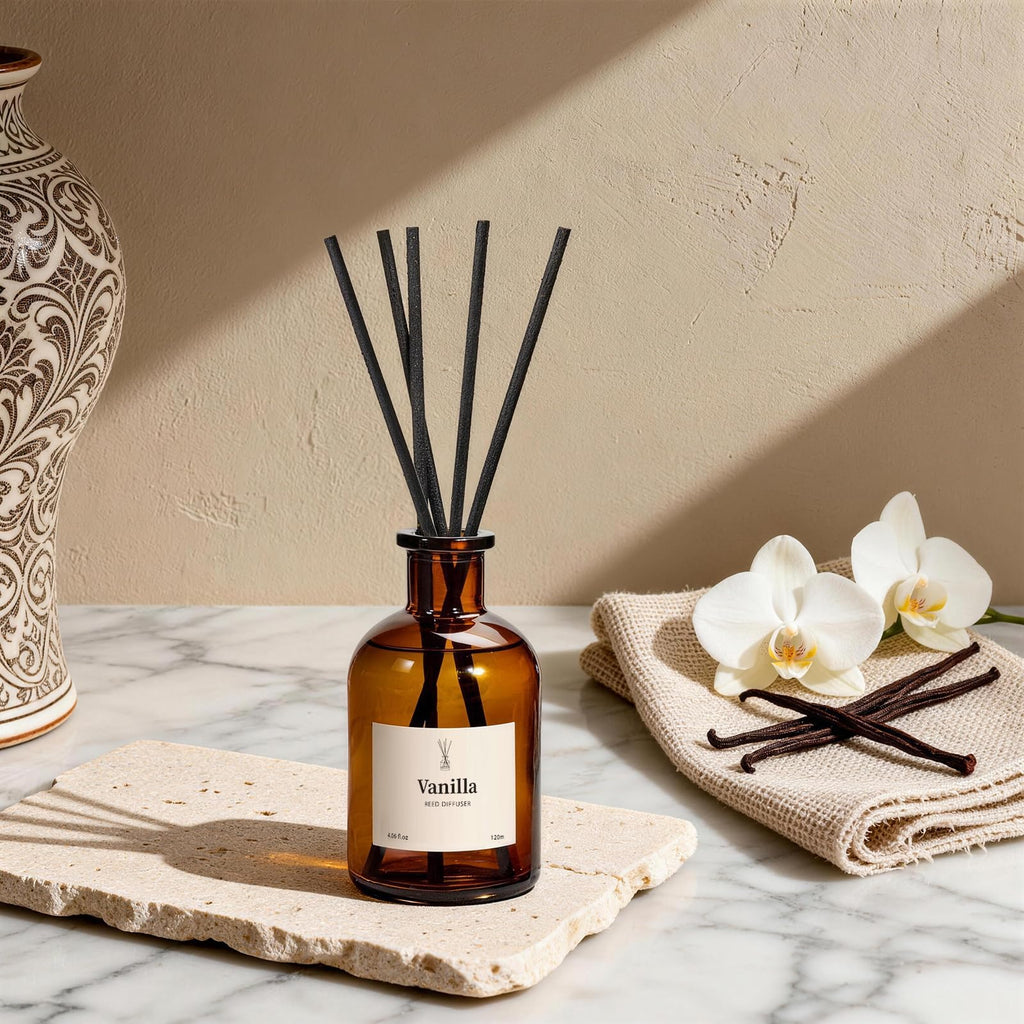 Reed Diffuser Set, 8.12 fl.oz Vanilla Oil Diffuser with 10 Sticks, Home Fragrance Reed Diffuser Shelf Decor & Air