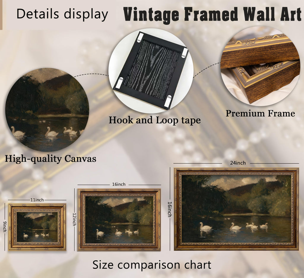 Vintage Gold Framed Swan Wall Art, Dark Moody Swans Lake Landscape Oli Painting Canvas Print, Antique Wildlife Bird