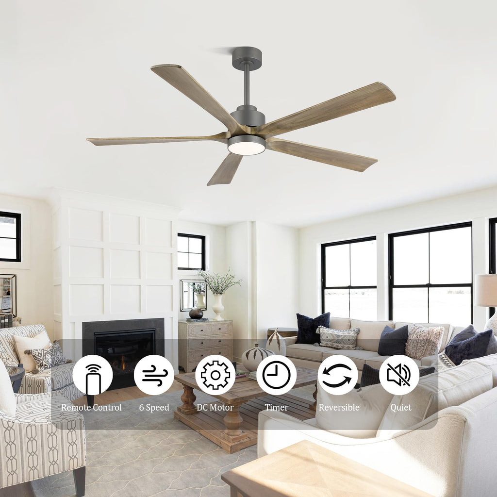 60" Ceiling Fan with Light and Remote, 5 Solid Wood Blades, Quiet Reversible DC Motor, 6-Speed Modern Indoor Ceiling
