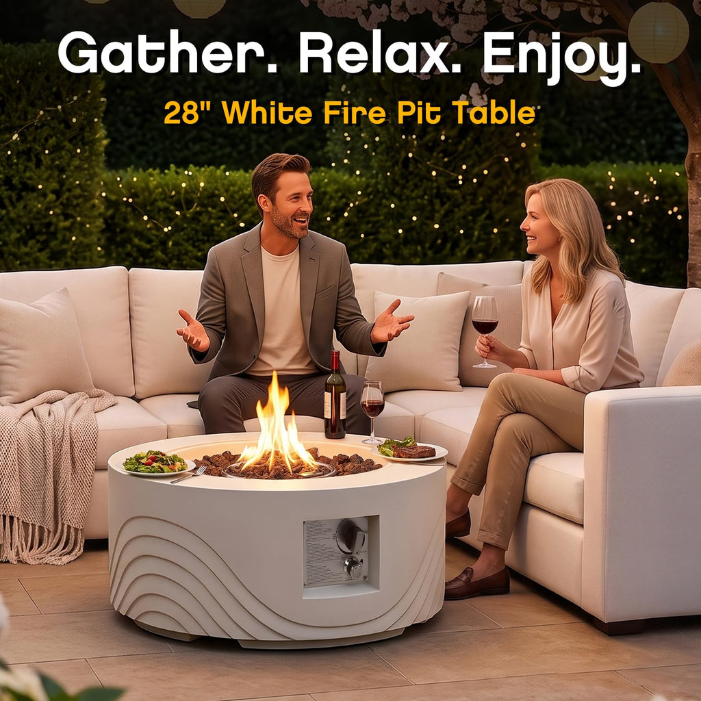 28 Inch White Concrete Outdoor Propane 50, 000 BTU Fire Pit Table