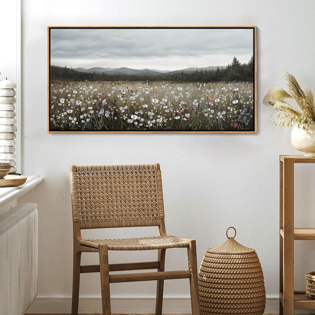 Vintage Framed Floral Landscape Wall Art - Large Nature Artwork Above Bed Wall Decor - Farmhouse Mountain Pictures