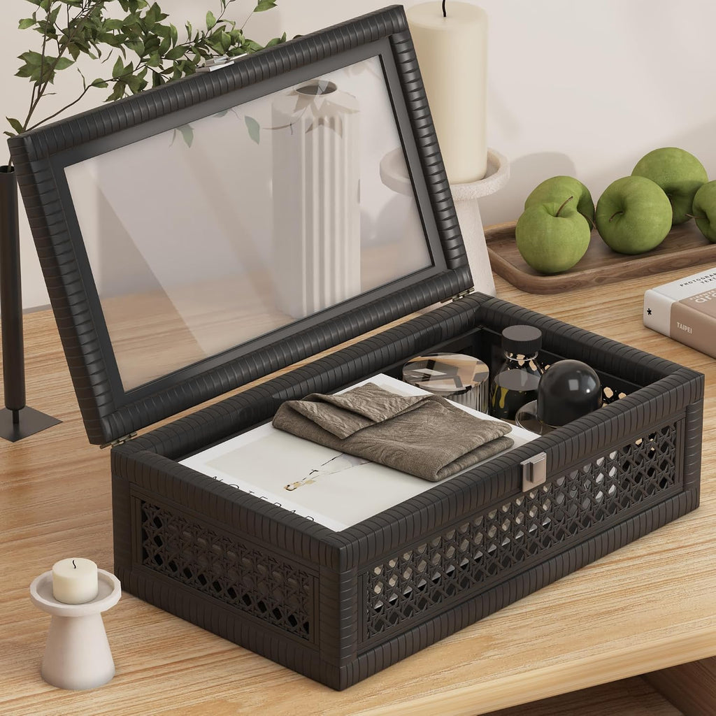 Rattan Decorative Box,Boho Display Boxes with Lids Rectangular Wicker Storage Decoration,Natural Woven Cane - Set of 2