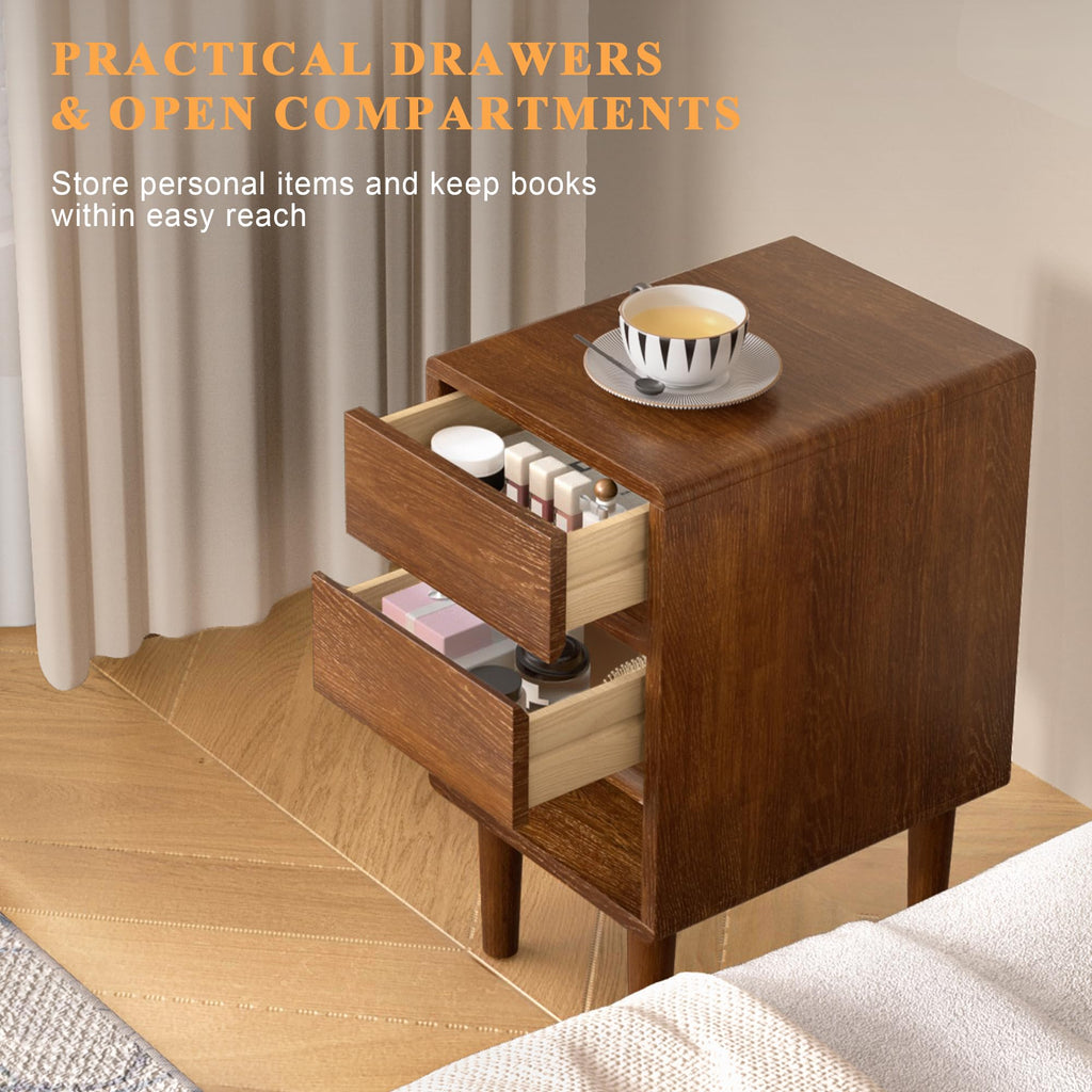 Narrow Nightstand 2 Drawers with Open Shelf Narrow Night Stand Solid Wood Bedside Table Mid Century Modern Nightstand