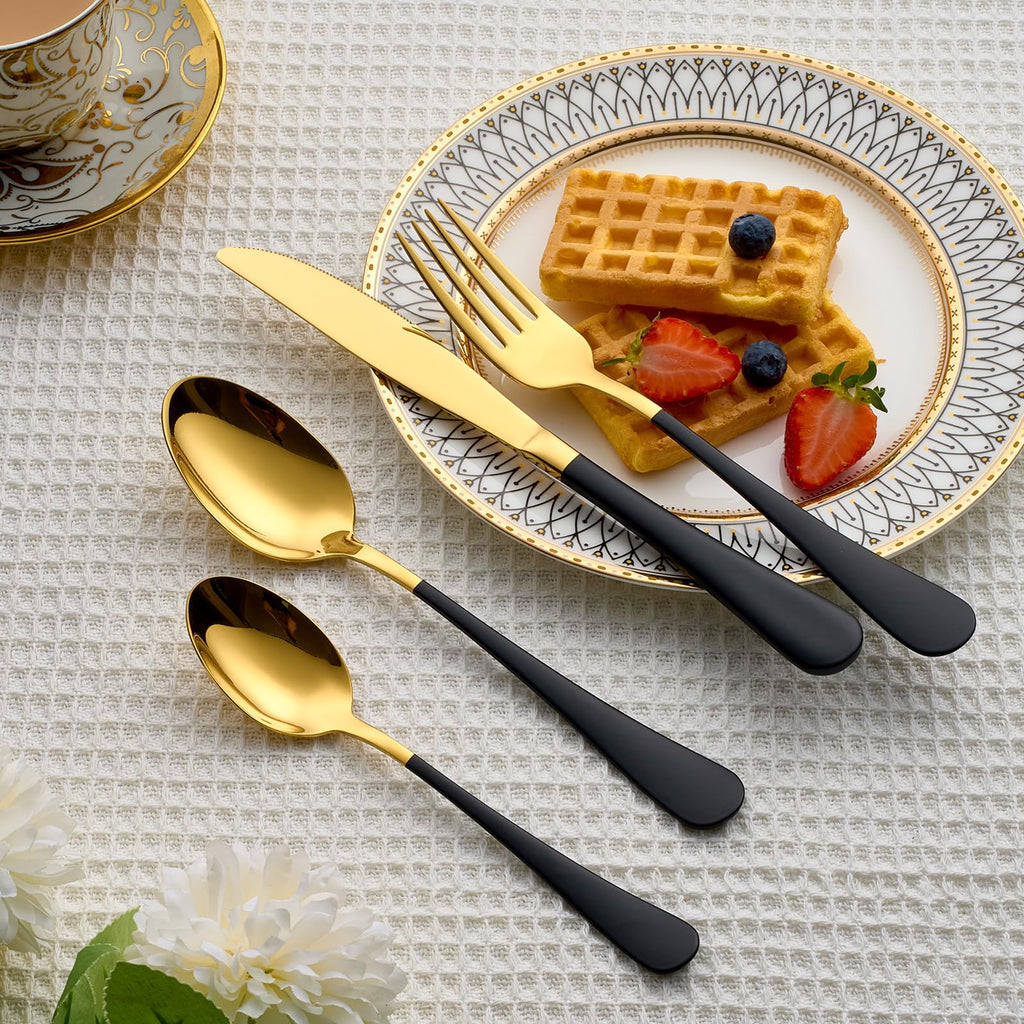 20 Piece Gold and Black 18/0 Flatware Utensil Set for 4, Include Dinner Knife,Dinner Forks,Dinner Spoons,Salad