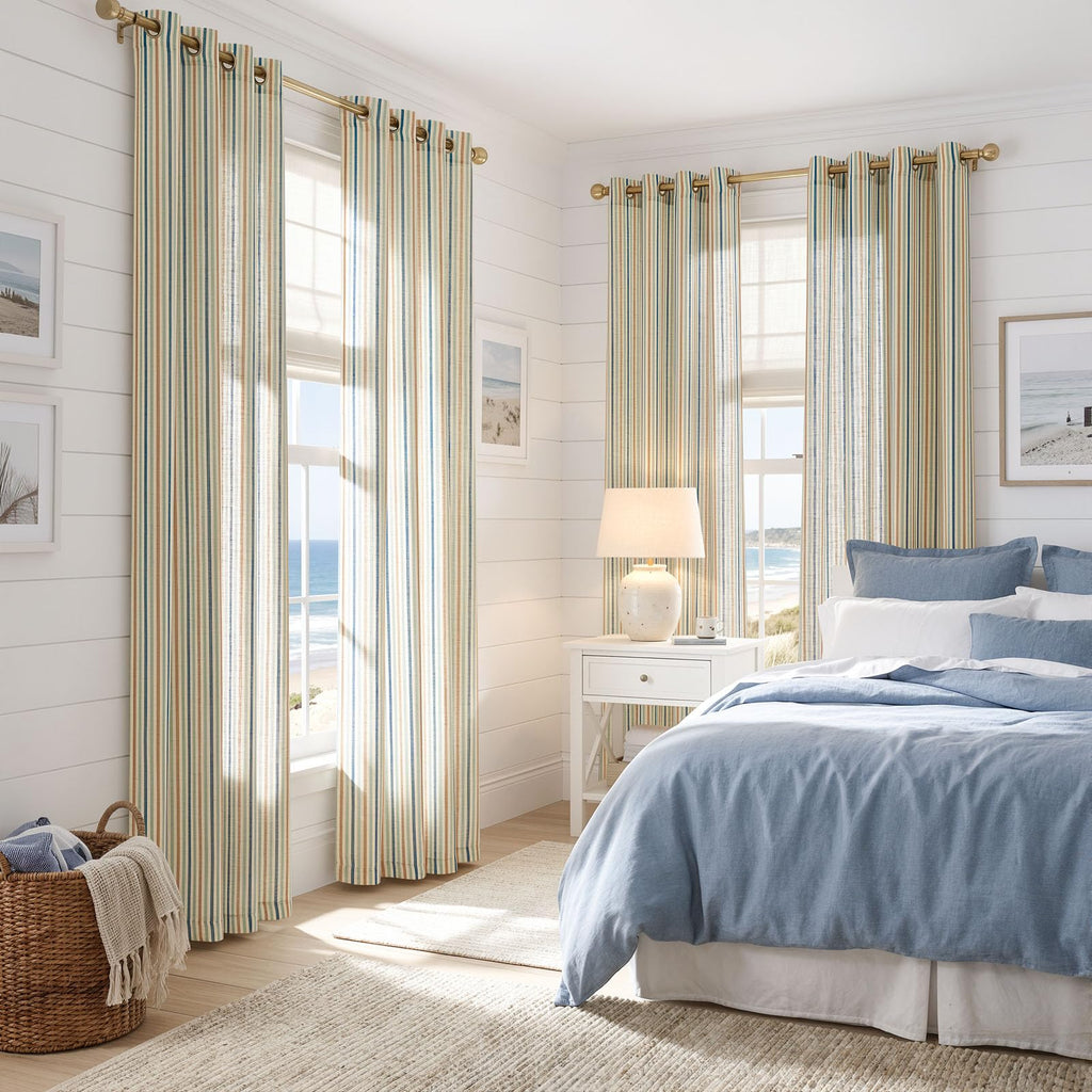 Linen Curtains 84" Ocean Stripe Pattern on Linen Grommet 2 Panels