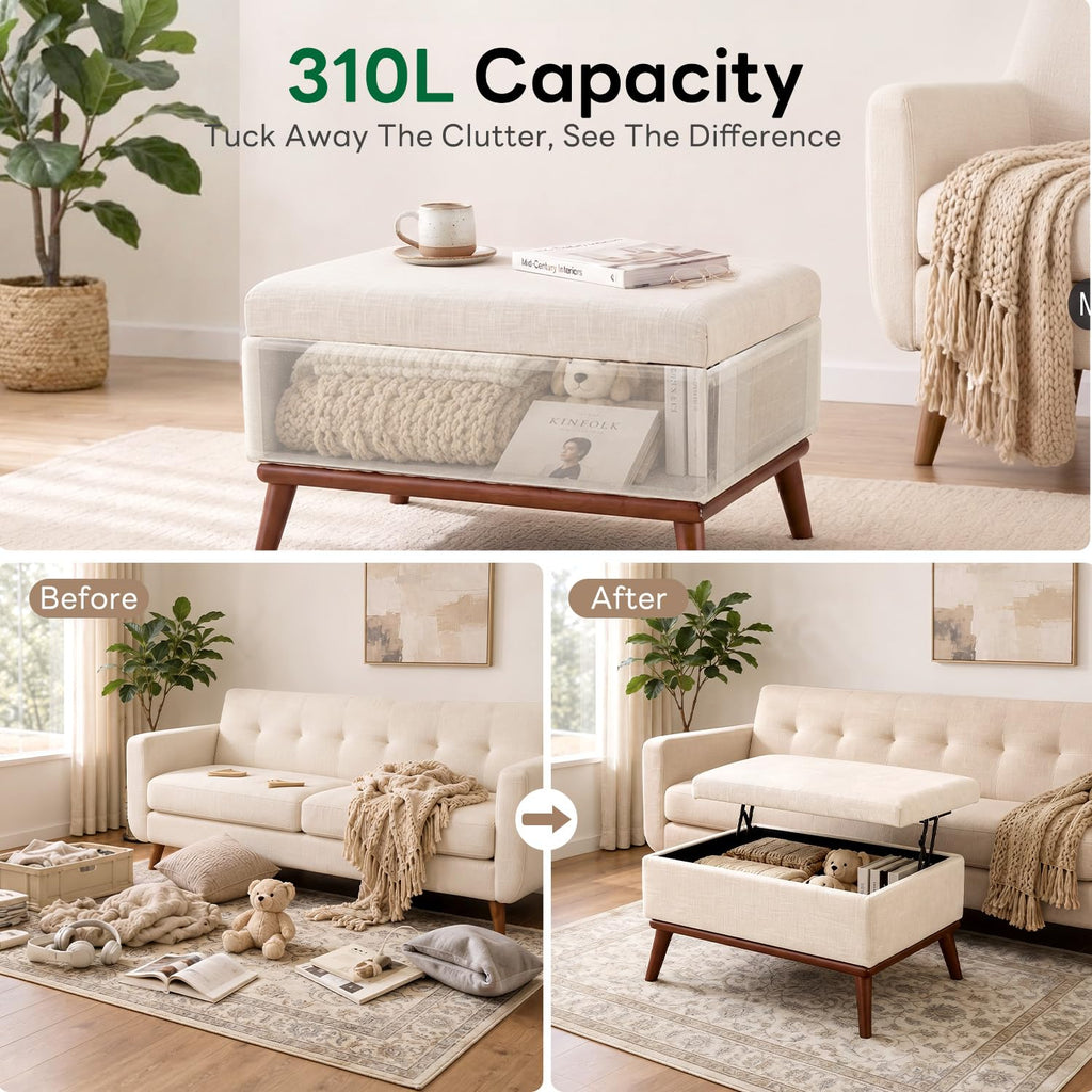 Large Ottoman with Storage, 28.3" Mid Century Modern Rectangle Coffee Table with Lid Lifting Function, High Wooden