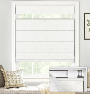 No Drill TDBU Roman Shades, Blackout - White, 34" W x 64" H | No Tools Top Down Bottom Up Cordless Fabric Blinds for