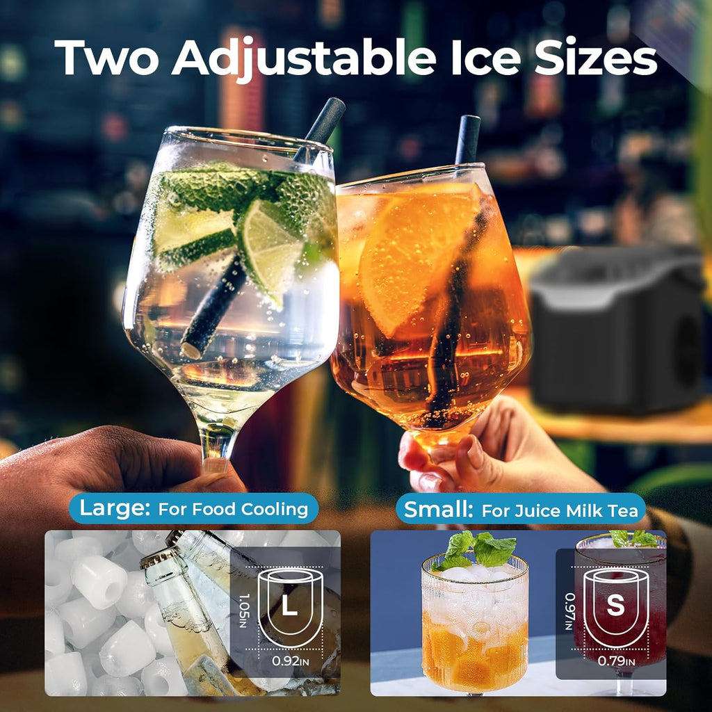 Countertop Ice Maker Machine, 8 Ice Cubes in 6 mins, 26lb/Day Bullet Ice with 2 Sizes- Portable Mini, Energy Saving &