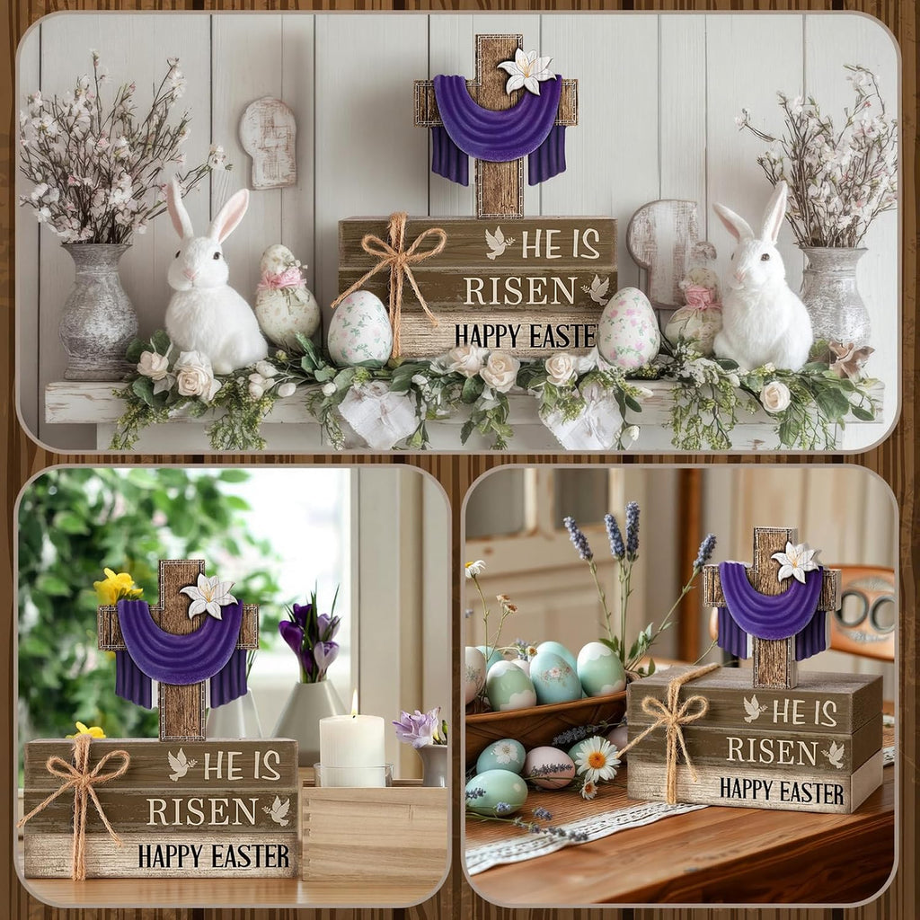 Easter Decorations He is Risen Wooden Sign Christian Table Centerpiece Religious Cross Tiered Tray Decor - Set of 4