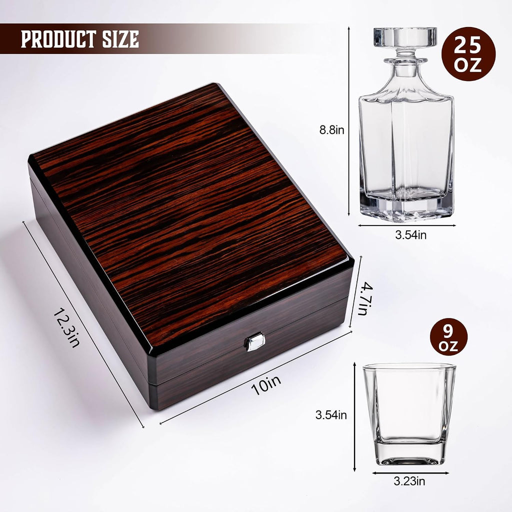 Whiskey Decanter Set with Premium Wood Gift Box: 2 Rock Glasses, Crystal Glass Decanter, Bourbon, Whiskey, Gifts - Set of 5