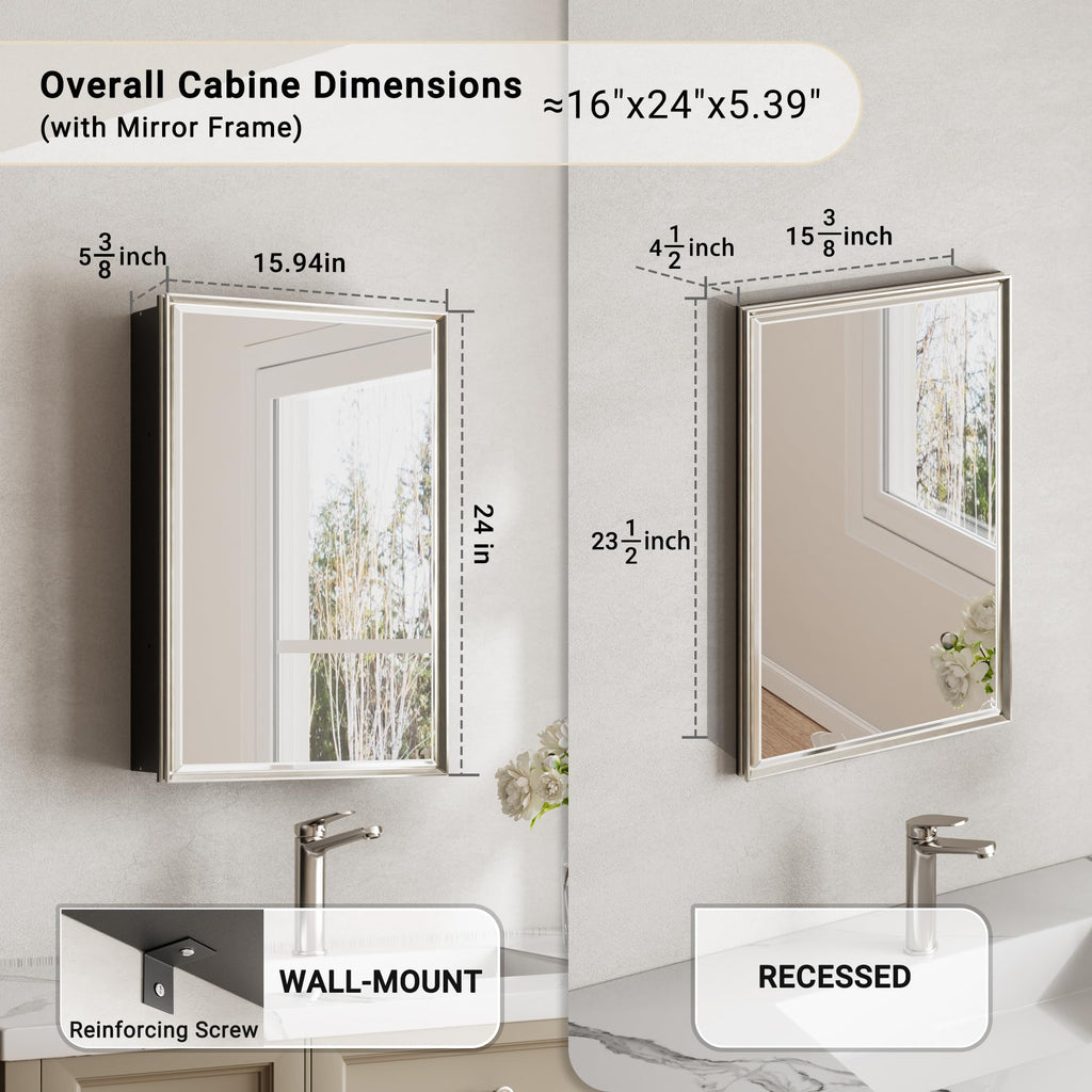 Pre-Assembled Surface or Recessed Medicine Cabinet Mirror-16x24 Brushed Nickel Bathroom Medicine Cabinet with Mirror