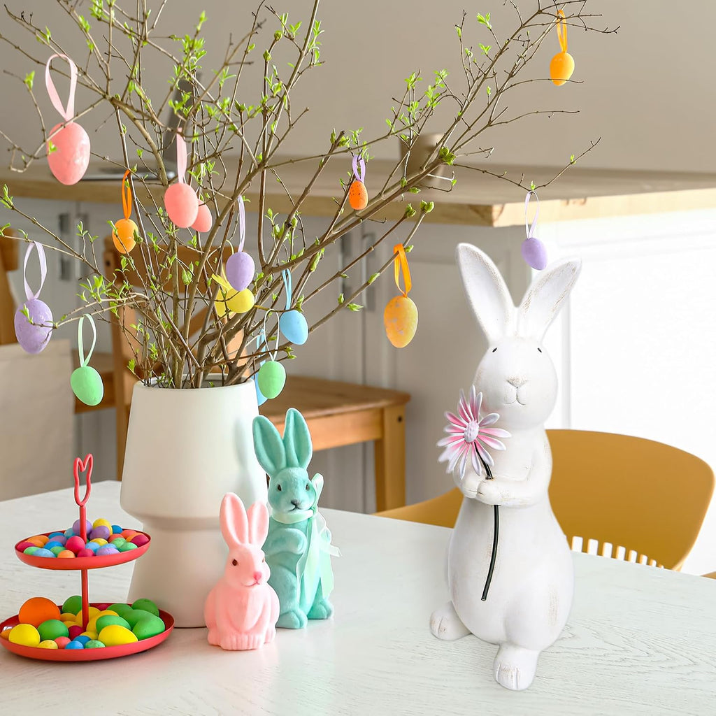Spring Easter Decorations, 13.2" Distressed Resin Easter Bunny with Pink Flower, Easter Gifts, Farmhouse Decorative