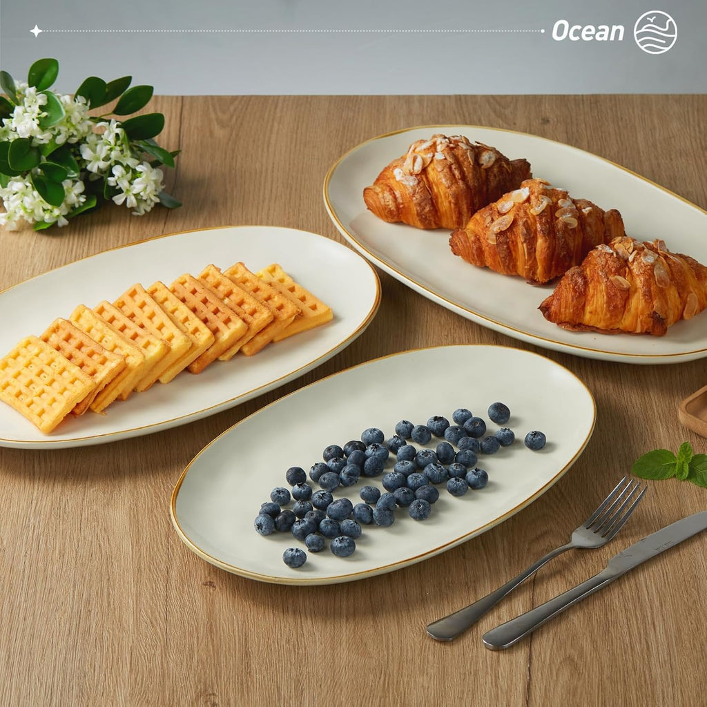 Serving Platters Set of 3 Sizes - Oval, Vanilla White | 15.59"/14.3"/12.9" Fine Stoneware Serving Trays for Party