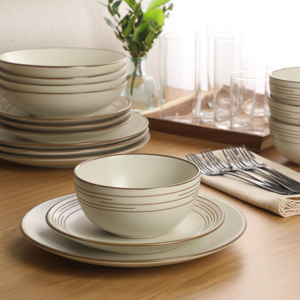 Chiswick House 16-Piece Stoneware Dinnerware Set, Round Plates and Bowls Set for 4, White with Wax Relief Embossed