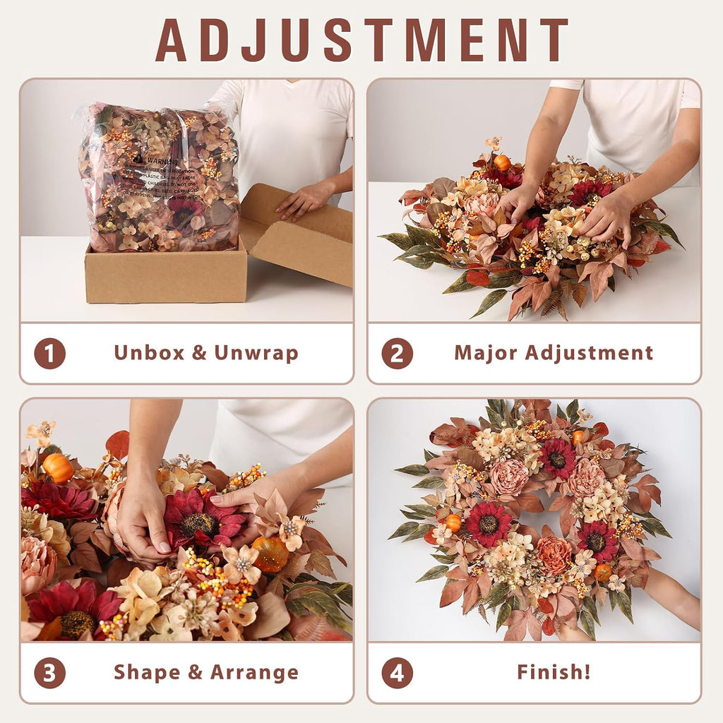 24"Fall Artificial Wreath with Sunflower Peony for Front Door Decor(Orange)