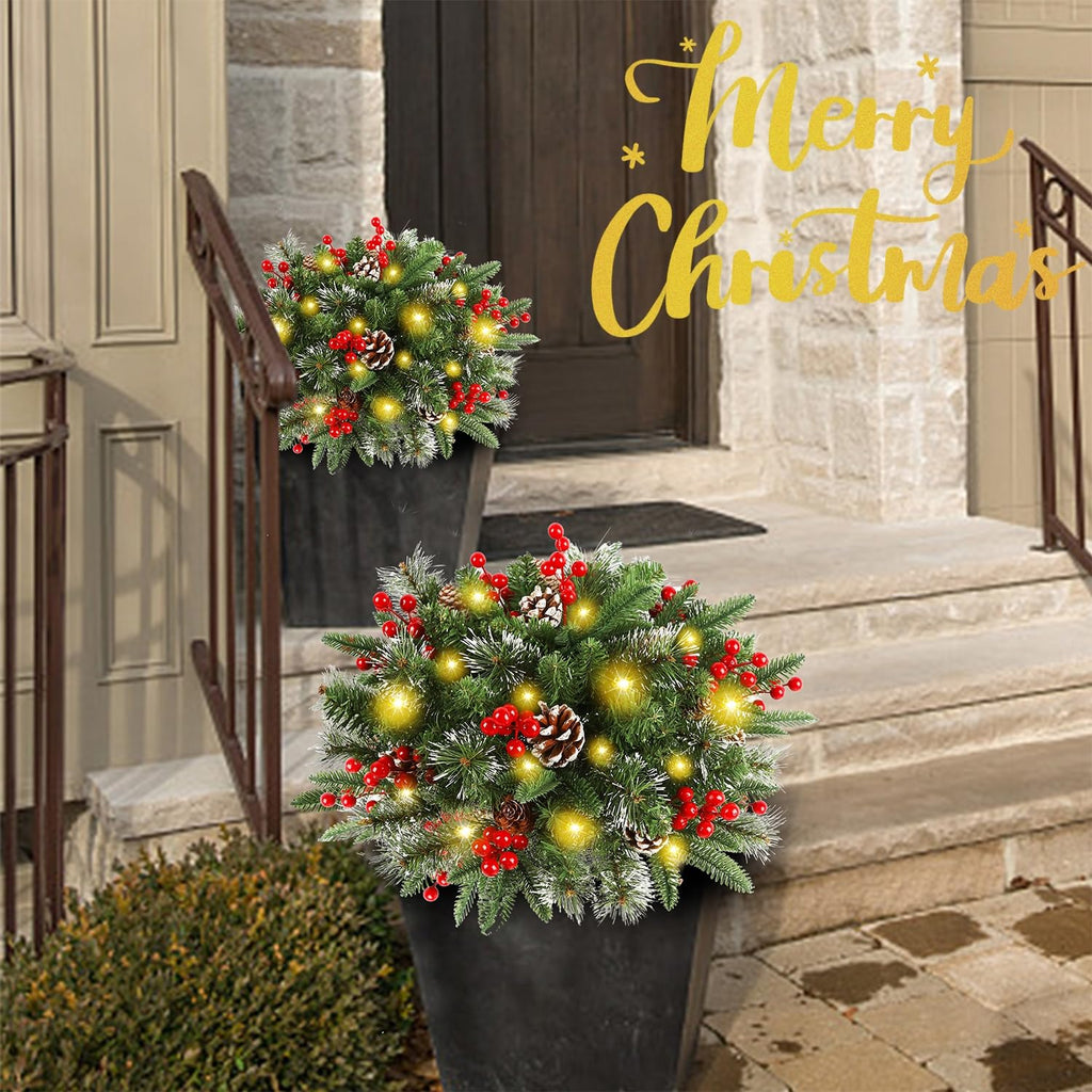 2 Pack Pre-lit Christmas Tree Urn Filler, Lighted Artificial Xmas Pine Trees with Tripod Stake, 8 Modes & Timer