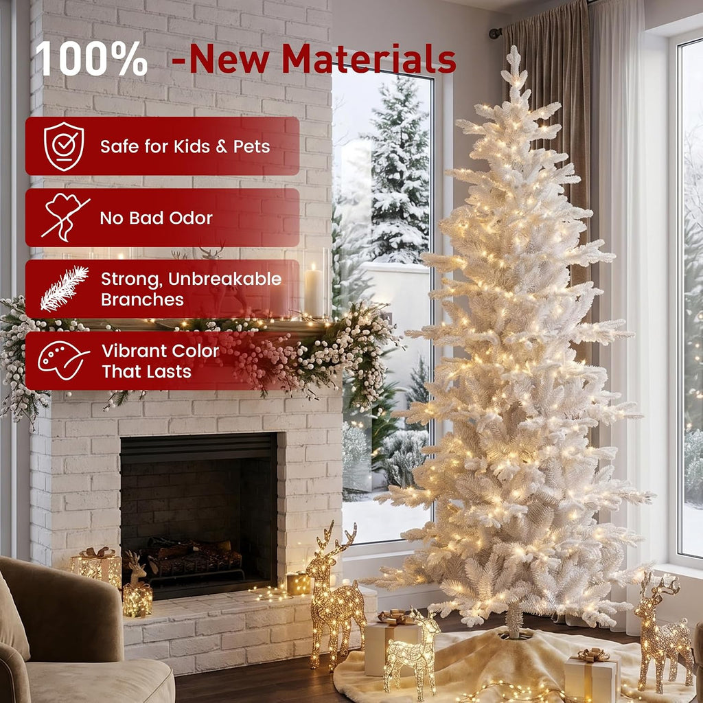 Prelit Artificial Christmas Tree, Slim Flocked Christmas Tree Elegant White Frostfall Fir with 1,486 Tips, 360