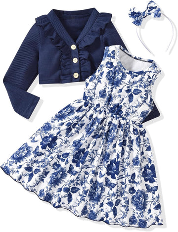 Toddler Little Girls Dress And Cardigan Sets 2 Piece Floral Print Sleeveless Dress and Long Sleeve Cardigan Set