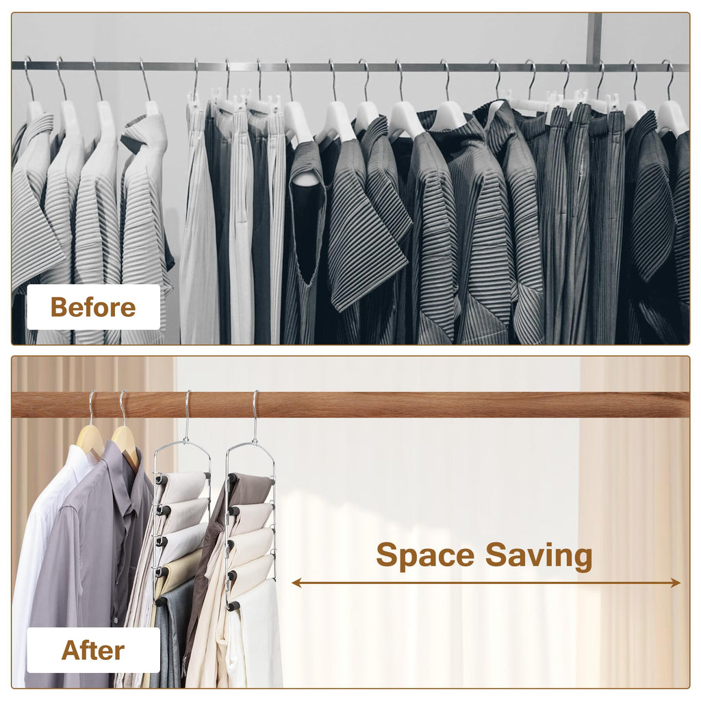 Pants Hangers Space Saving, 2 Pack Anti-Slip Space Saving Hangers, 5 Layer Swing Arm Pants Hanger Stainless Steel