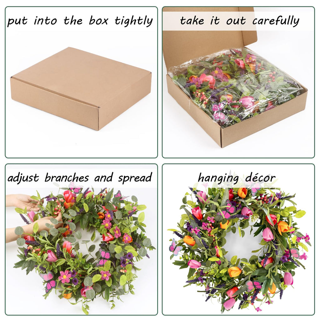 24" Wreaths for Front Door, Wreath with Tulip Wreath, Butterfly, Lavender and Eucalyptus, Vivid Artificial Floral for