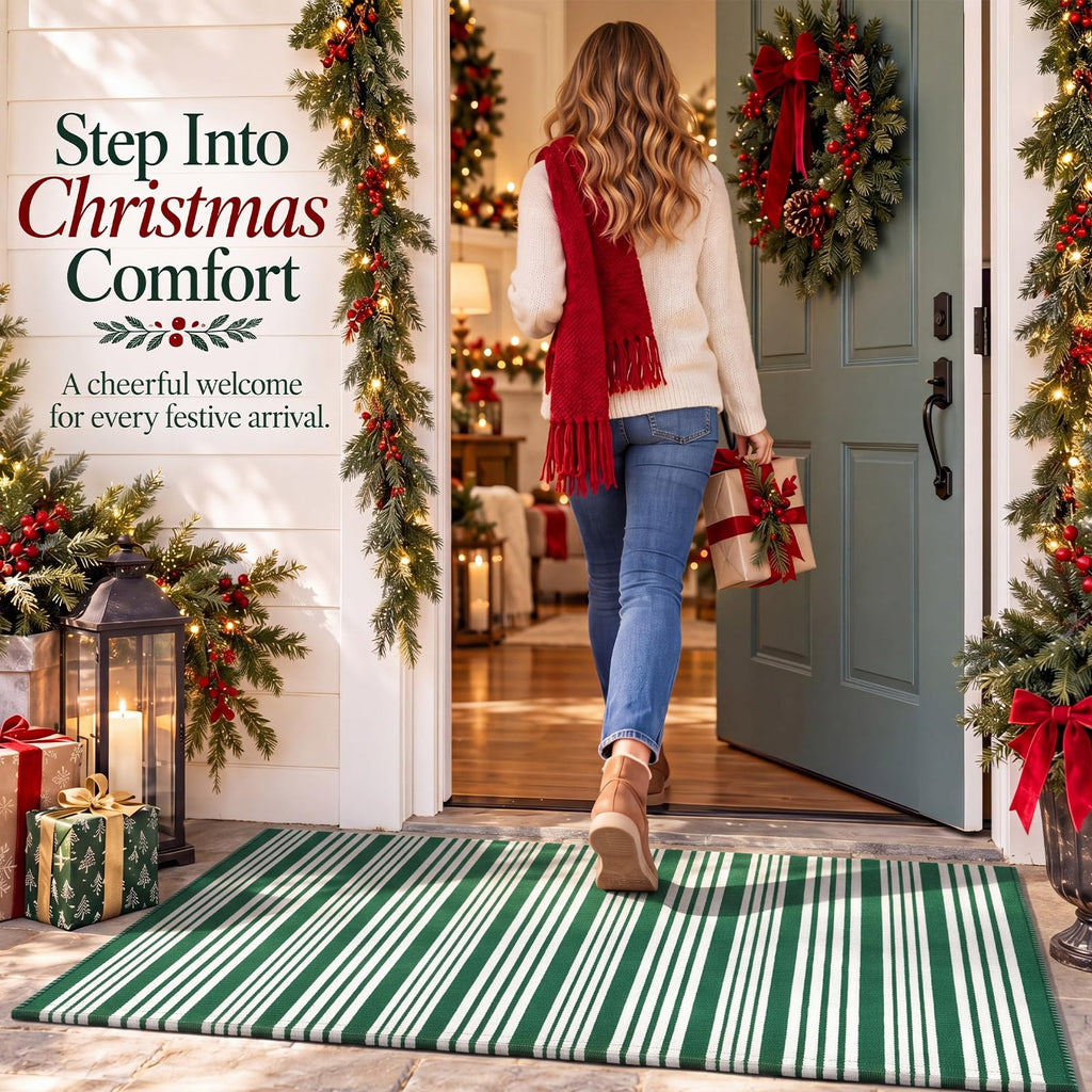 Green and White Striped Rug 2.3' x 3.6' Modern Farmhouse Area Rug Front Porch Door Mat Welcome Layered Doormat for