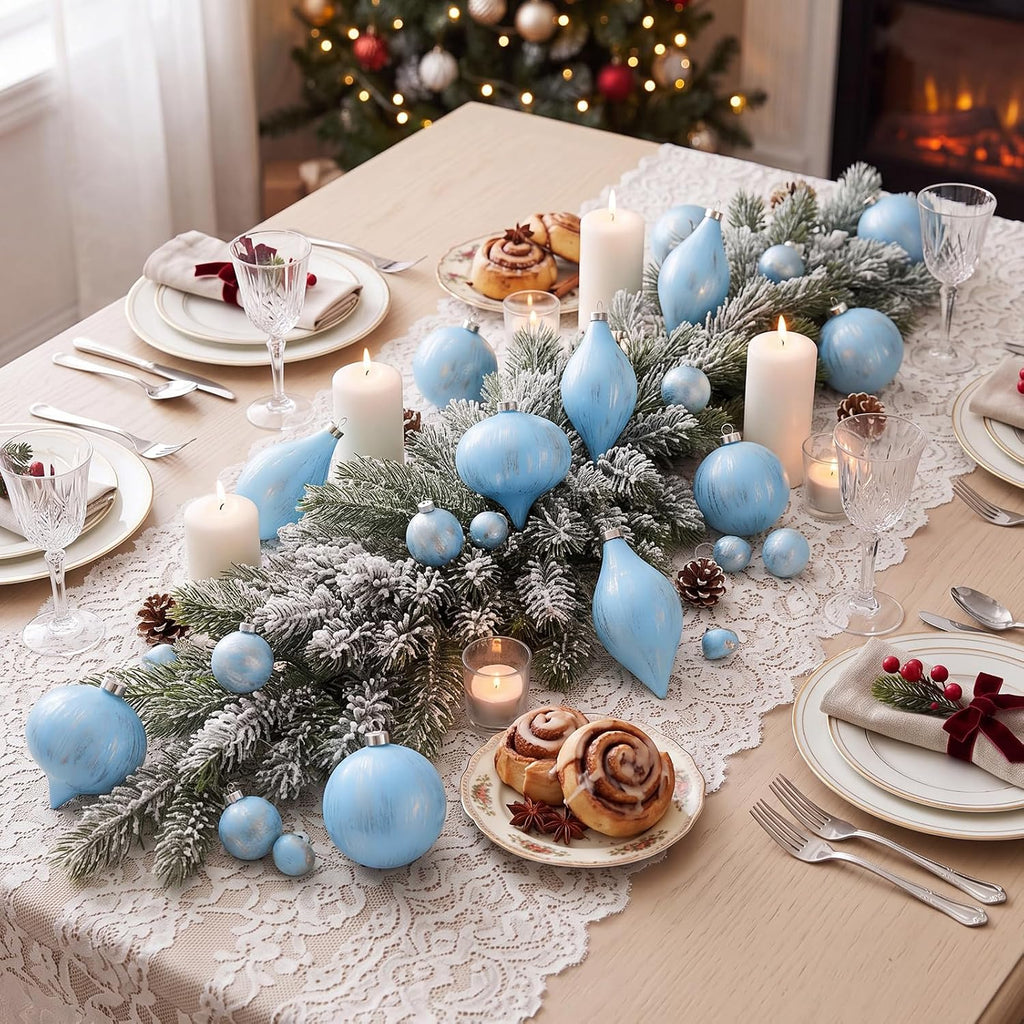Farmhouse Christmas Ball Ornaments, Baby Blue - Set of 12