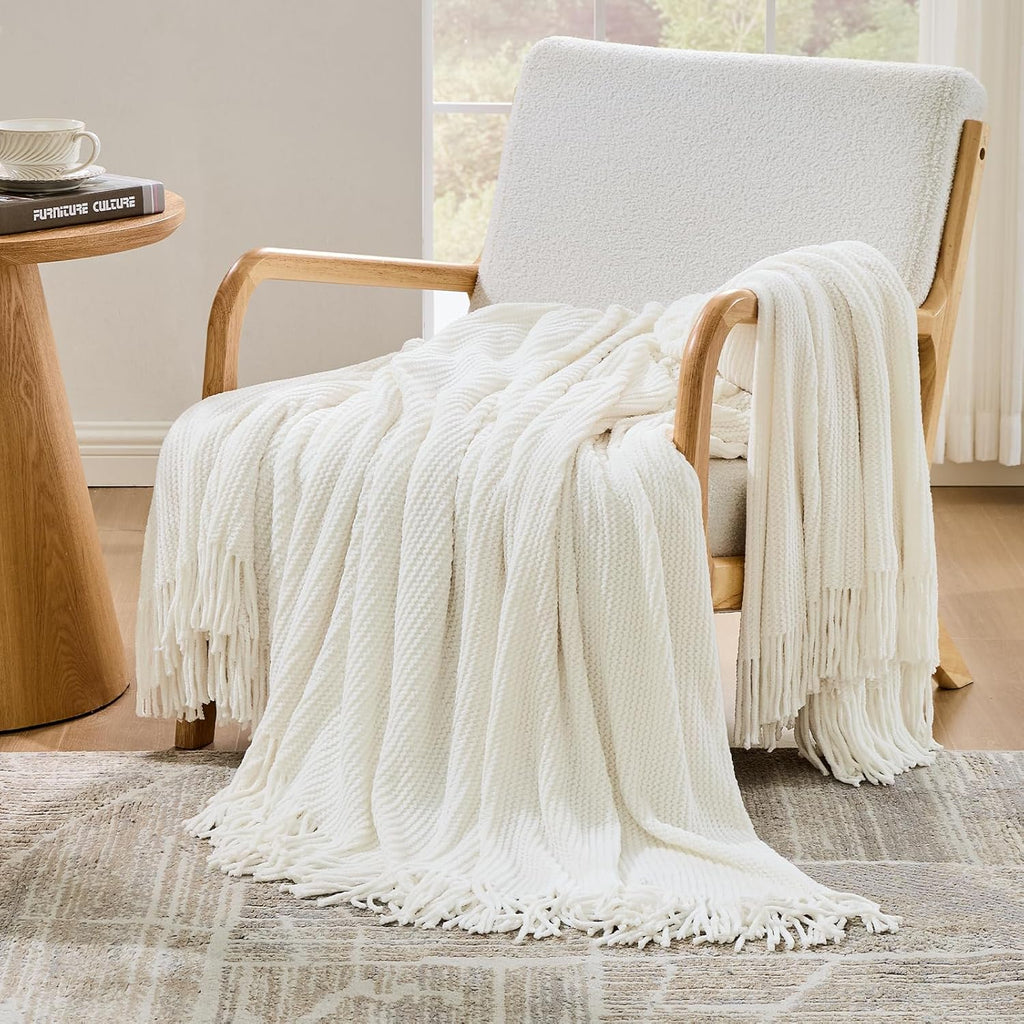 Throw Blanket,Chunky Chenille Woven Soft Blankets with Tassels,Cozy Boho Farmhouse Spring Summer Fall Decor,Warm