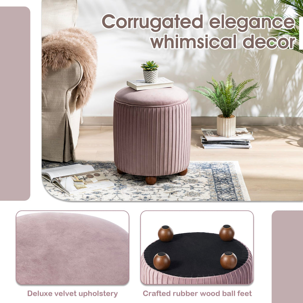 Round Ottoman with Storage Set of 2 Vanity Stool Foot Rest with Removable Lid Modern Upholstered Velvet Storage