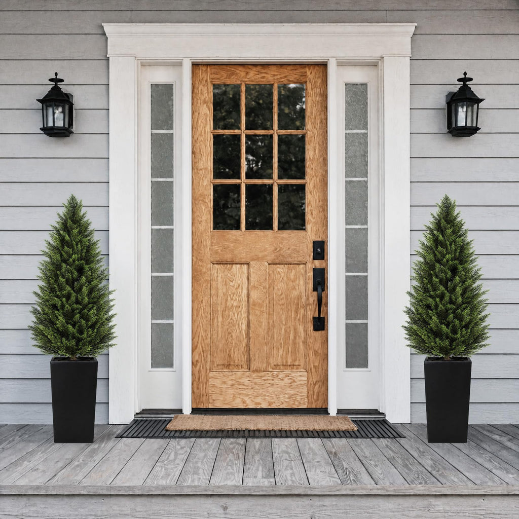 4FT Artificial Cedar Topiary Trees 2 Pack, Faux Cypress Plants with Black Square Planters, UV Resistant Outdoor