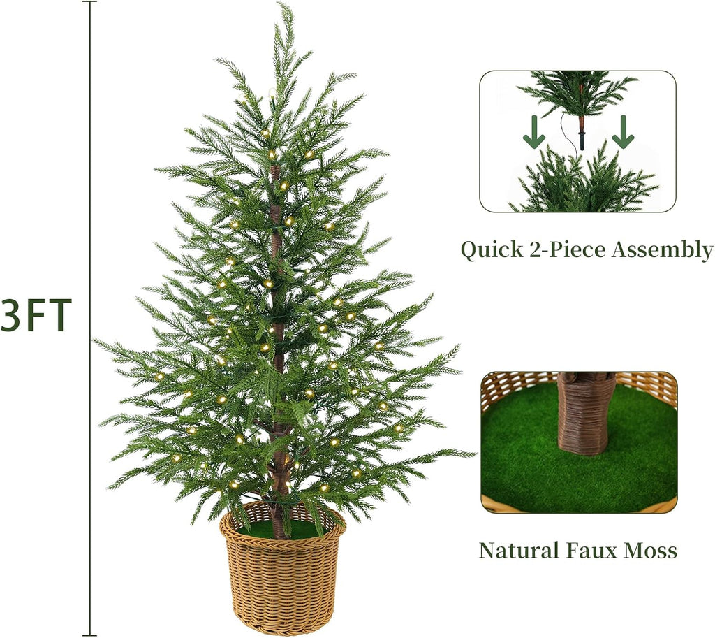 Christmas Decorations 2 Pack 3FT Pre-Lit Artificial Norfolk Pine Xmas Tree