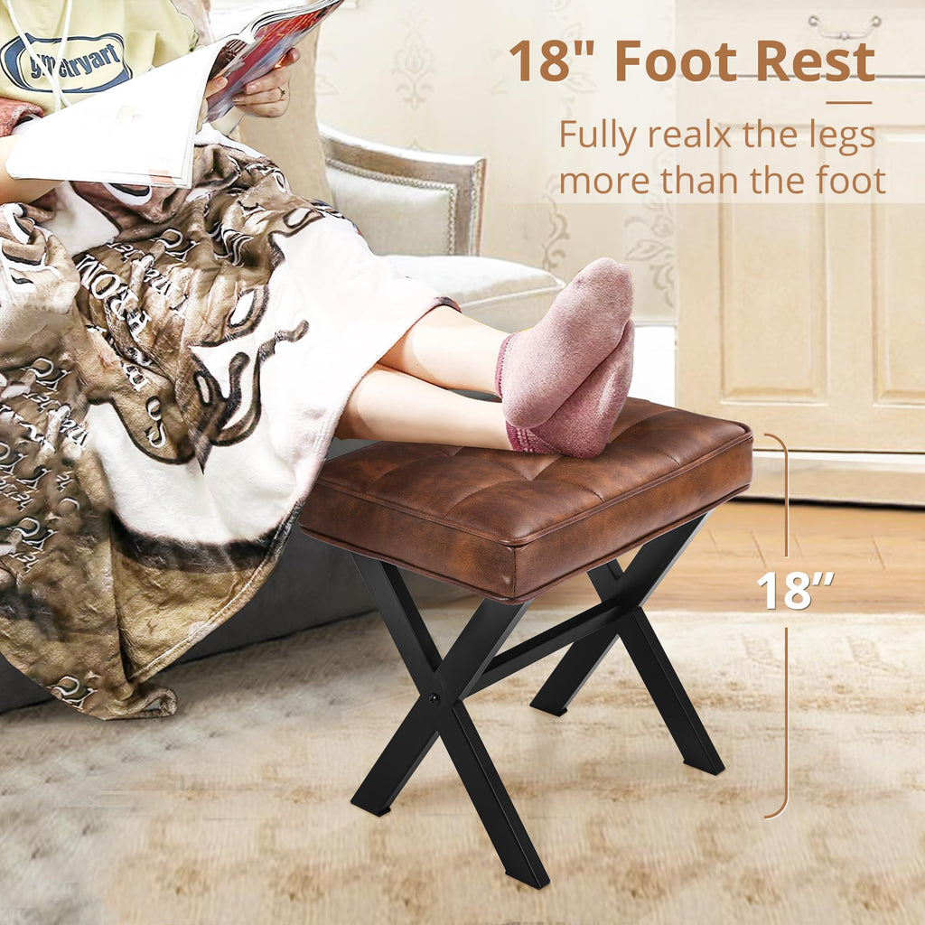 Vanity Stool, Square Faux Leather Makeup Stool with Metal X Legs, Small Ottoman Stool Chair for Vanity, Modern Padded