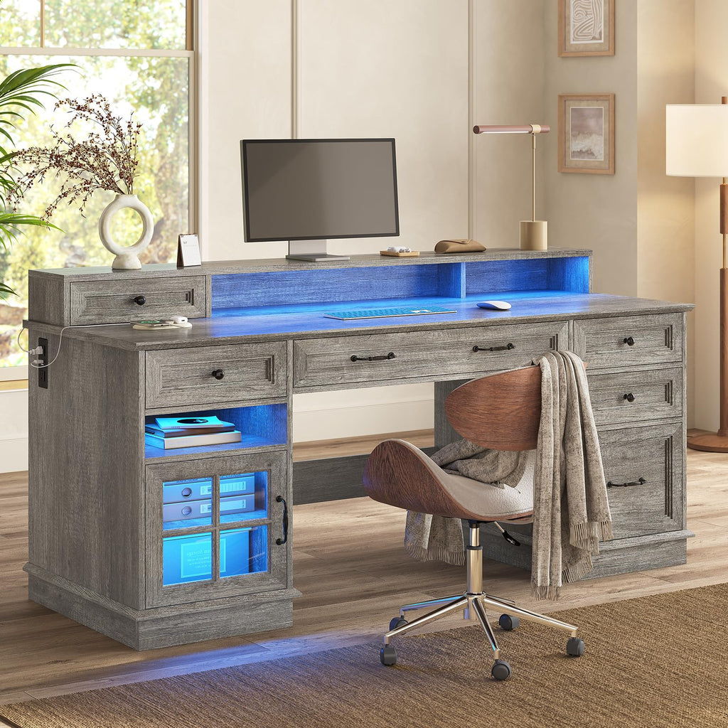 Farmhouse Executive Desk Computer Desk with Drawers, Grey
