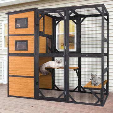 Catio Cat House Outdoor Kitty Enclosures 77" Large Cat Home with Run Cat Cage with Platforms Kitty Playpen, 4 Tiers
