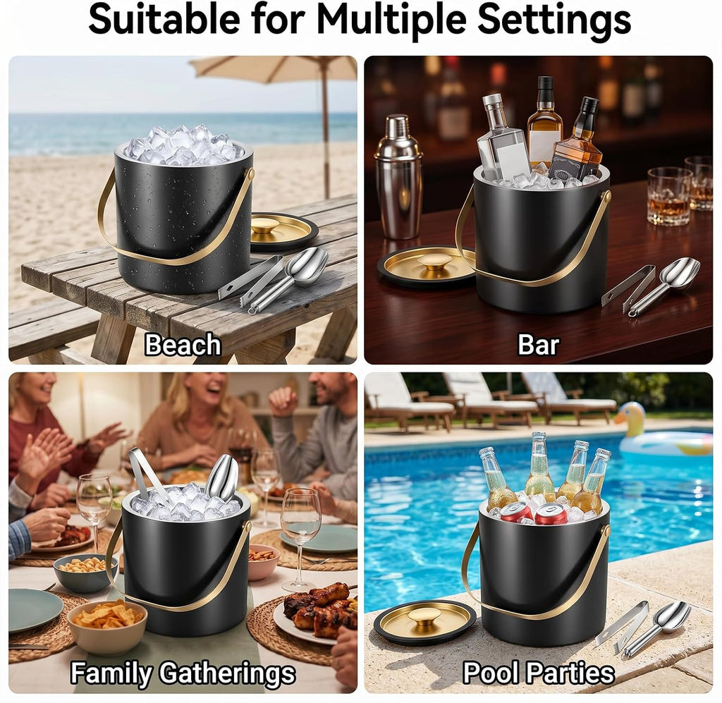 3L Modern Insulated Ice Bucket with Silicone Lid, Scoop, Strainer Double Wall Insulated Stainless Steel Ice-Bucket
