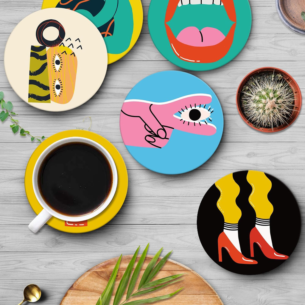 Coasters for Drinks, Set of 6, Ceramic Stone, Colorful Geometric