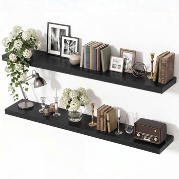 Black Floating Shelves 48 x 8 Inch, Large Long Shelf, Set of 2