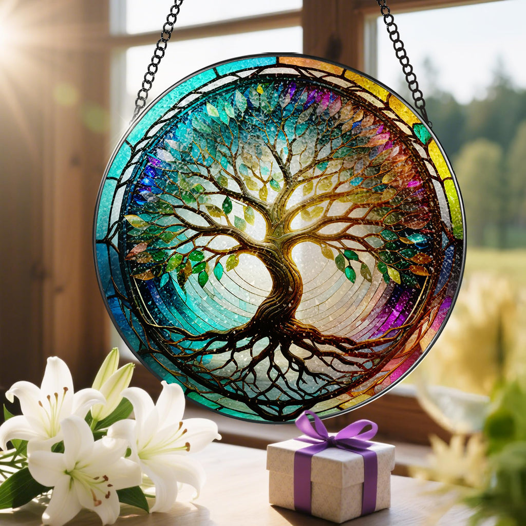 Stained Glass Window Hanging, 8'' Tree of Life Suncatcher, Stained Glass Ornament, Window Decor, Outdoor or Indoor