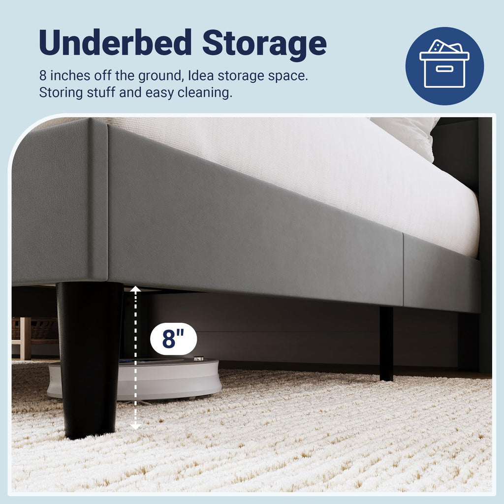 Queen Size Platform Bed Frame with Charging Station & Storage Headboard, Upholstered Velvet Wingback Design & USB