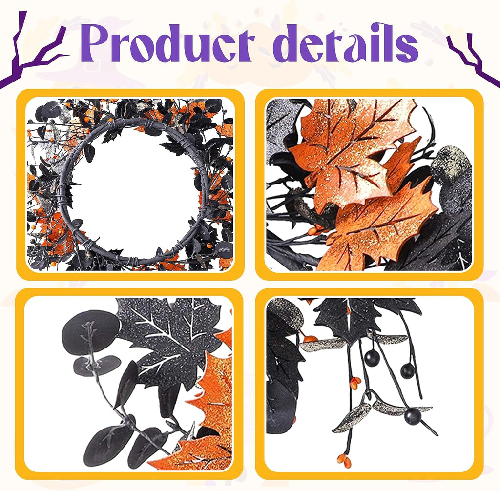 20" Halloween Wreath for Front Door, Golden and Black Maple Leaves